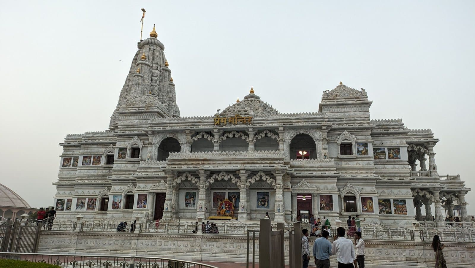 Prem Mandir's white marble temple in Vrindavan by day