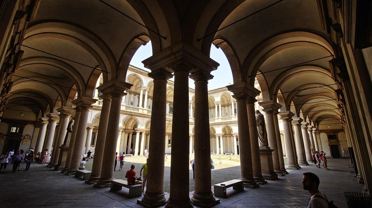Arcades of the Palazzo Brera courtyard, home of the Pinacoteca di Brera