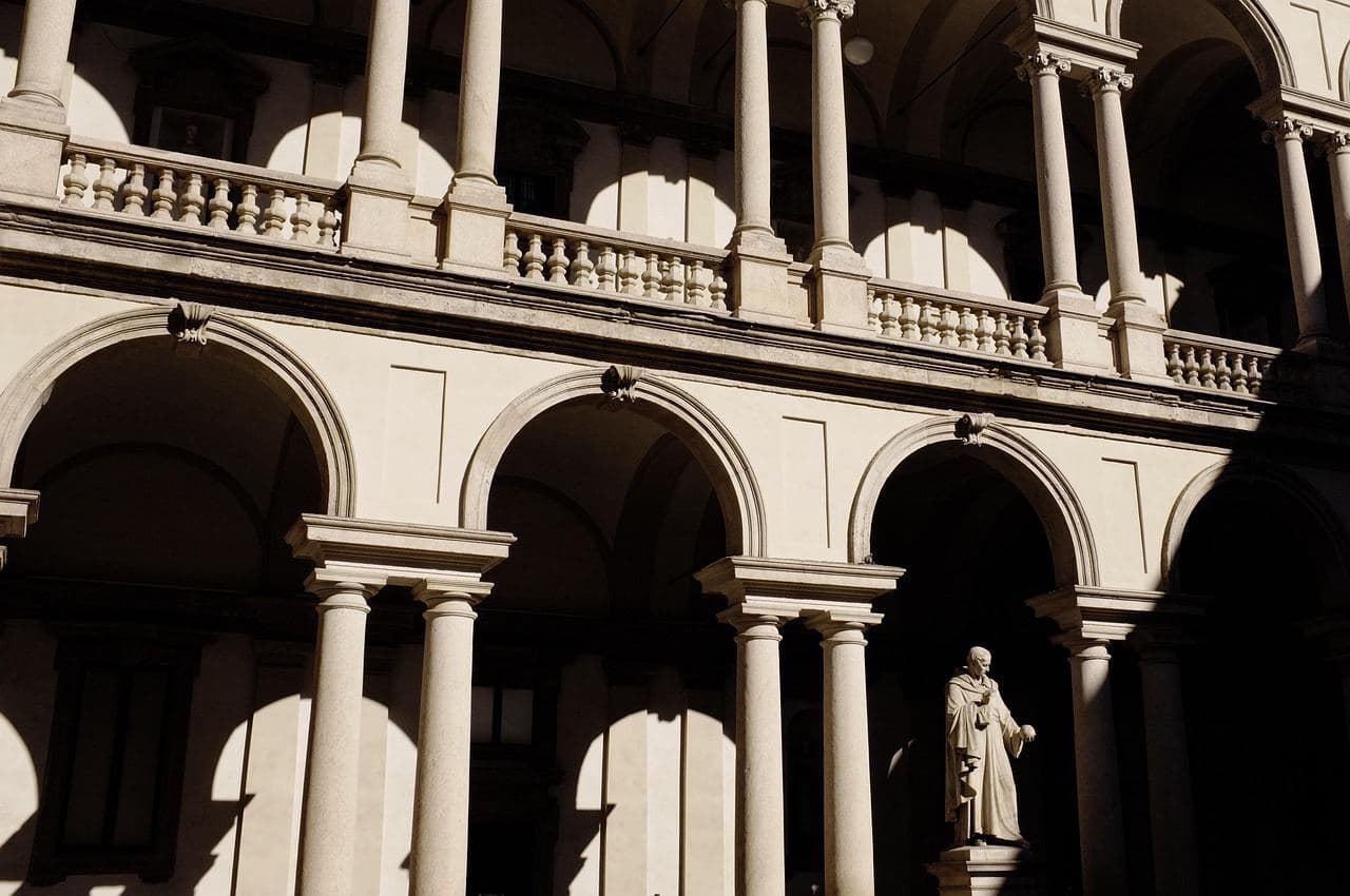 Two storeys of arcades around the Palazzo Brera courtyard