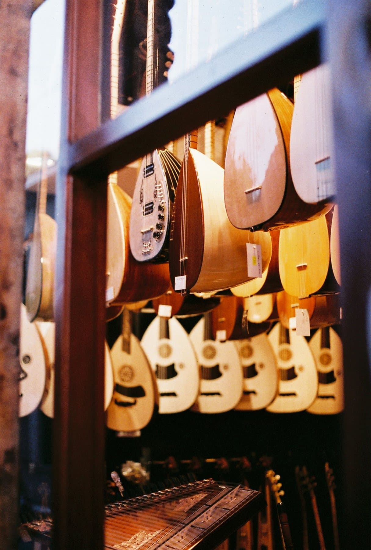 Portuguese guitars hanging in a Lisbon music shop