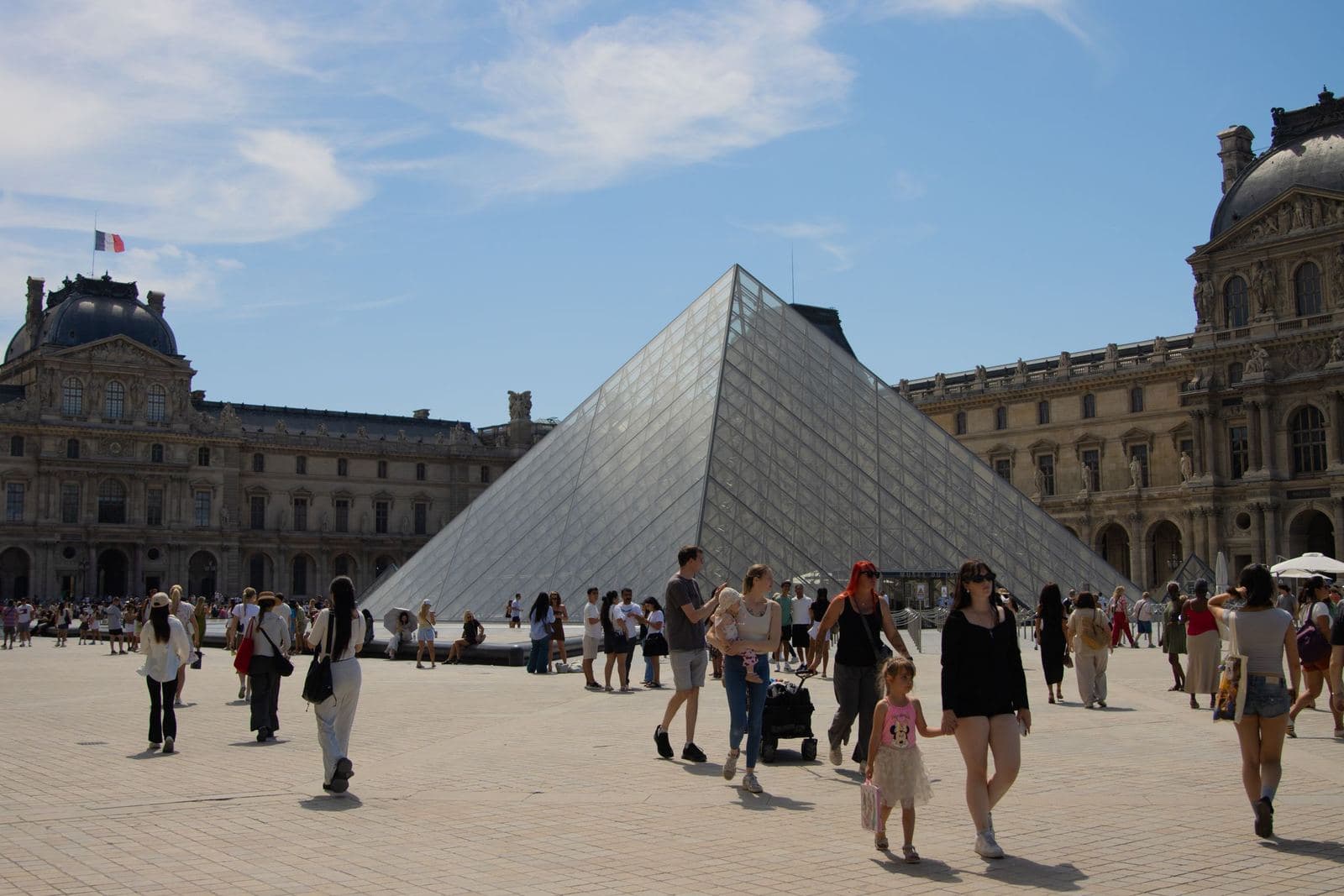 Visitors walking past the Louvre pyramid on a sunny day
