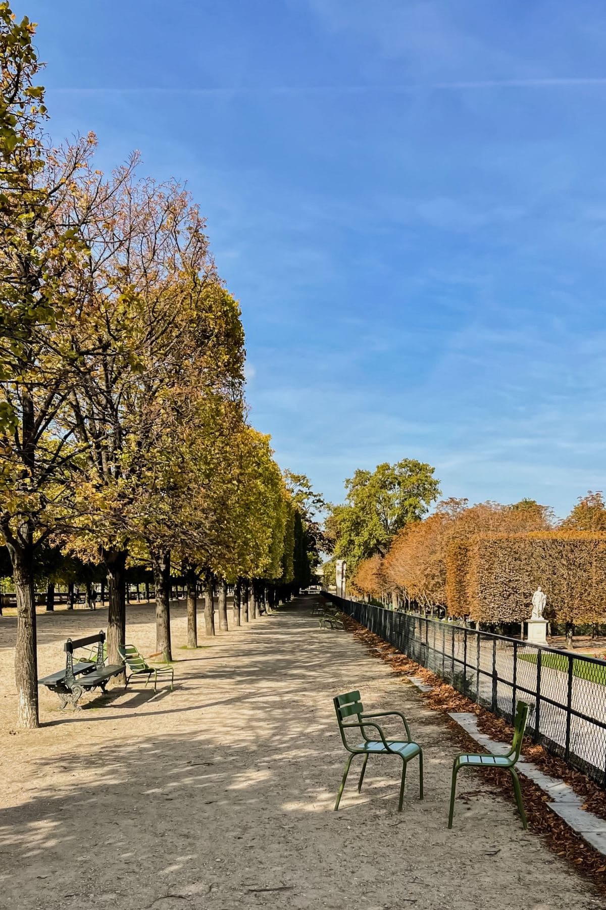 Baumgesäumter Weg mit Stühlen im Tuileriengarten, Heimat des Musée de l'Orangerie