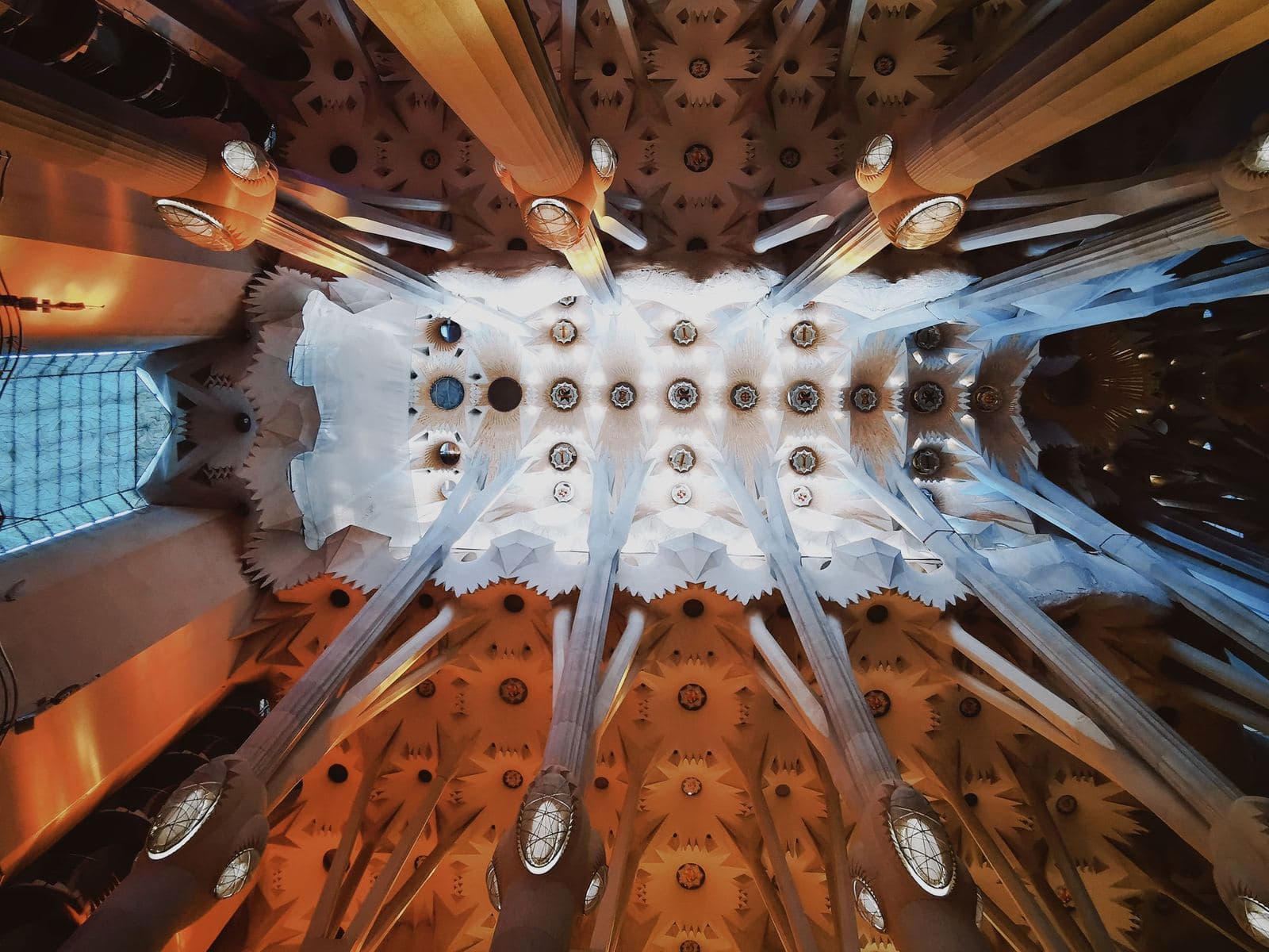 Blick hinauf zur Gewölbedecke der Sagrada Família