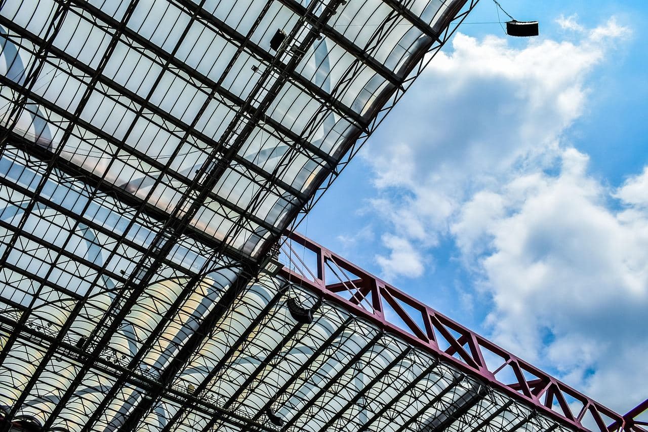 Roof trusses of San Siro stadium against the sky