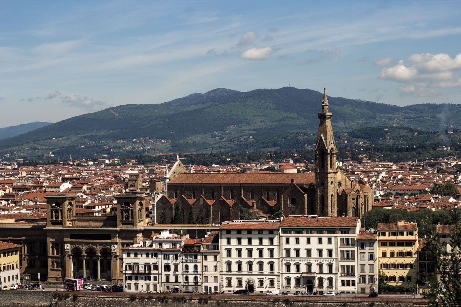 Basilica of Santa Croce from above, among the Florence rooftops