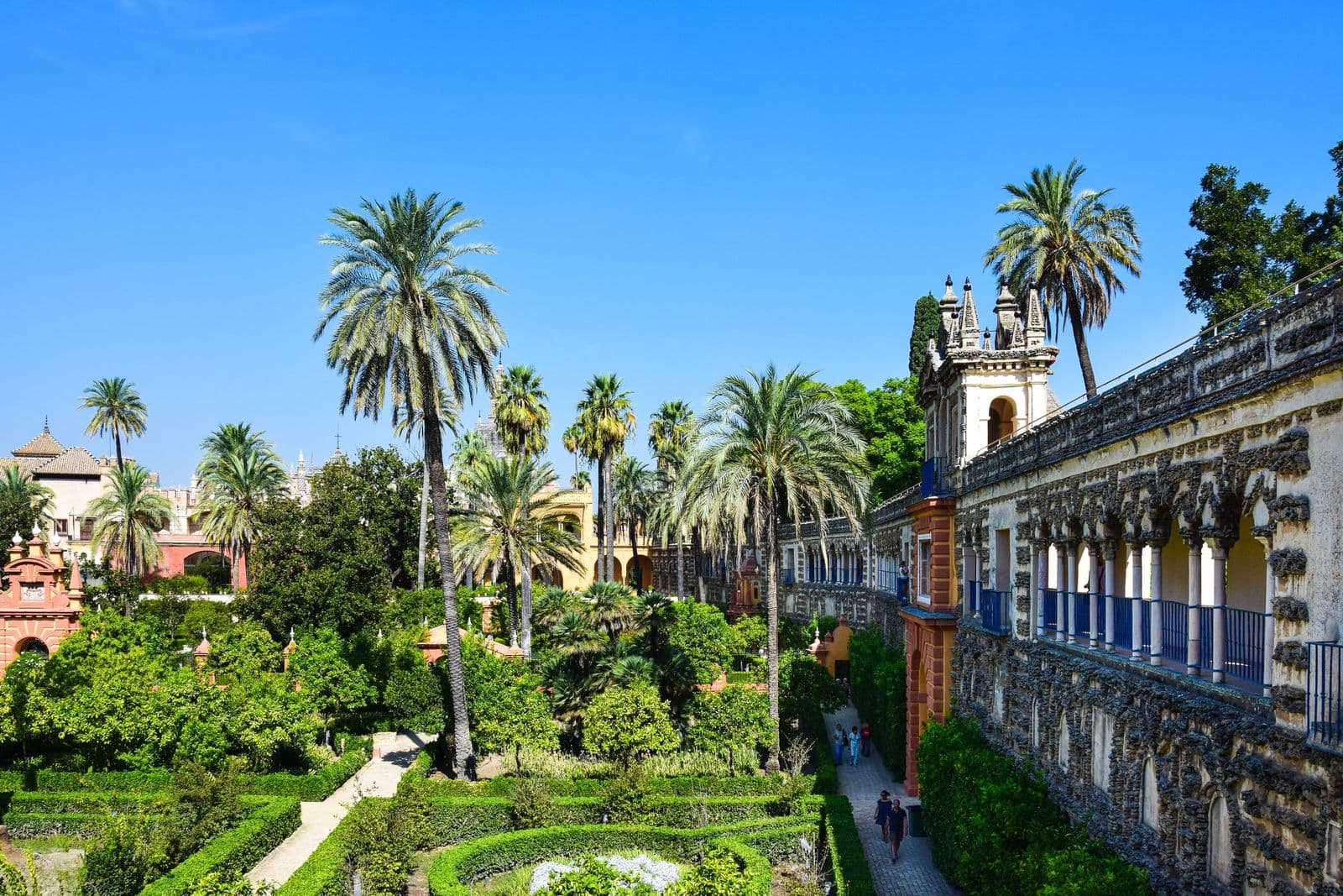 Los jardines del Real Alcázar, con palmeras y setos recortados