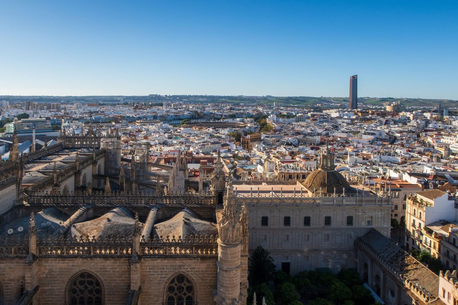 Los tejados de Sevilla vistos desde lo alto de la Catedral, con Torre Sevilla en el horizonte