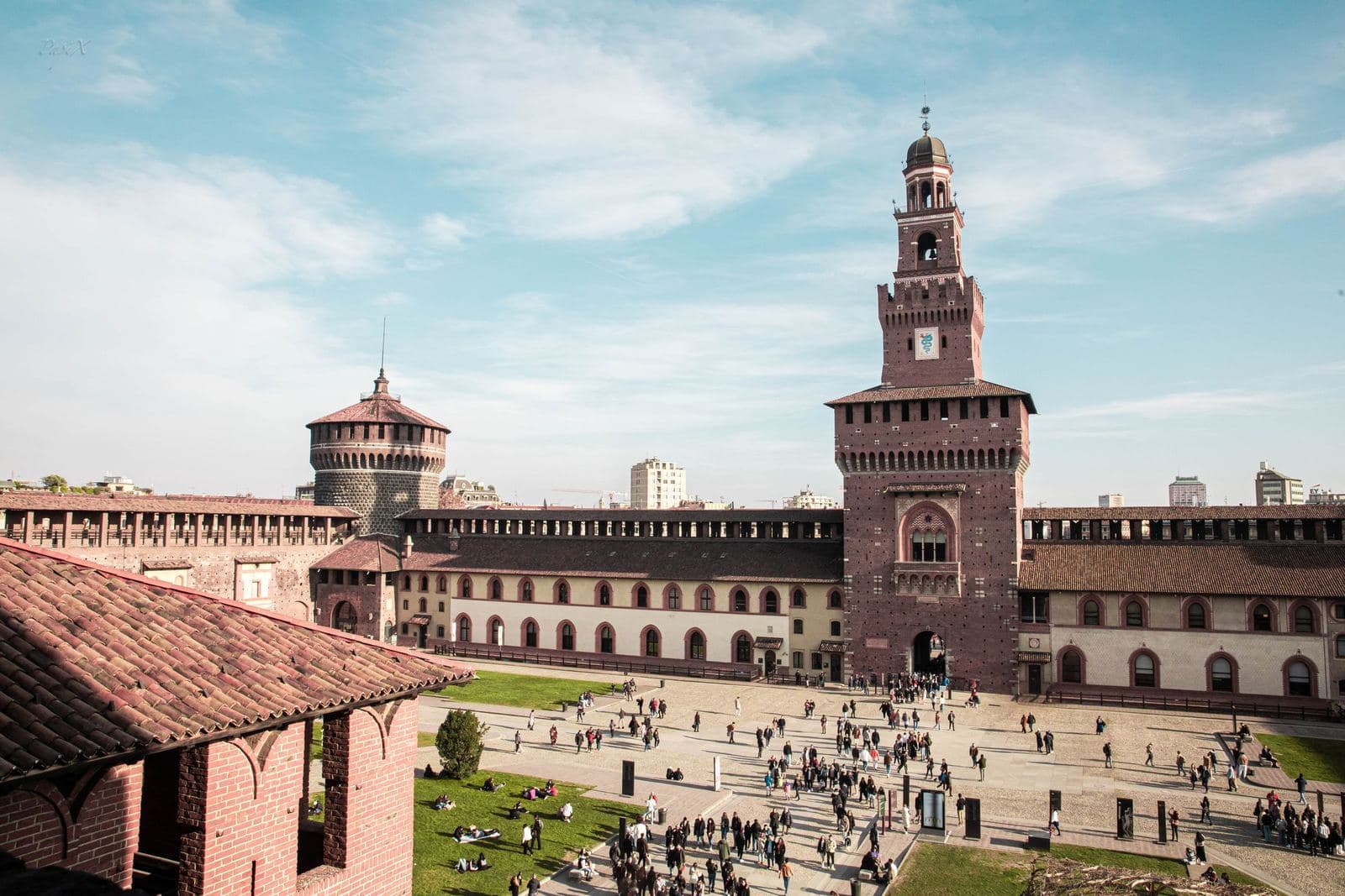 Filarete Tower and courtyard of Castello Sforzesco from above