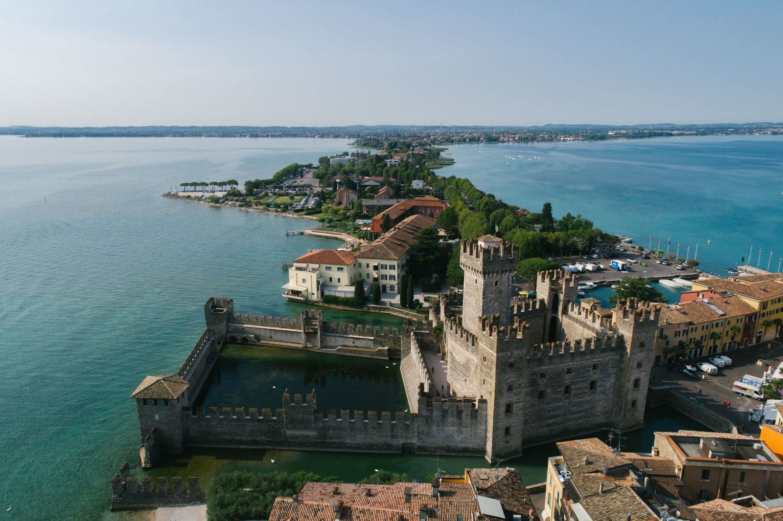 Scaliger Castle and the Sirmione peninsula on Lake Garda from above