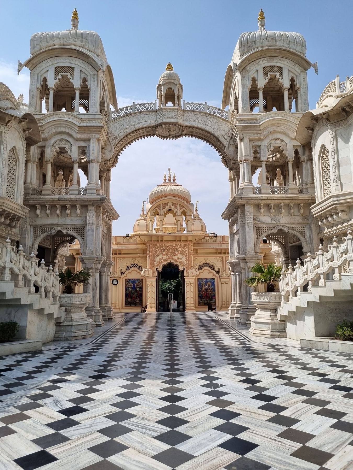 Marble courtyard and arches of the ISKCON temple in Vrindavan