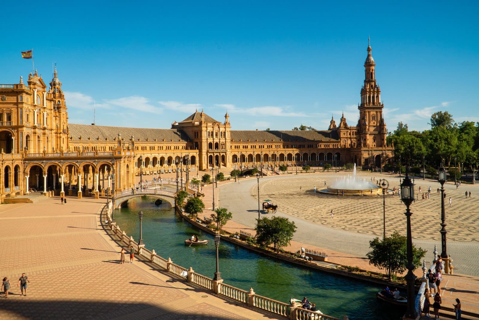 Plaza de España in Seville in the sun, with its towers, canal and bridges