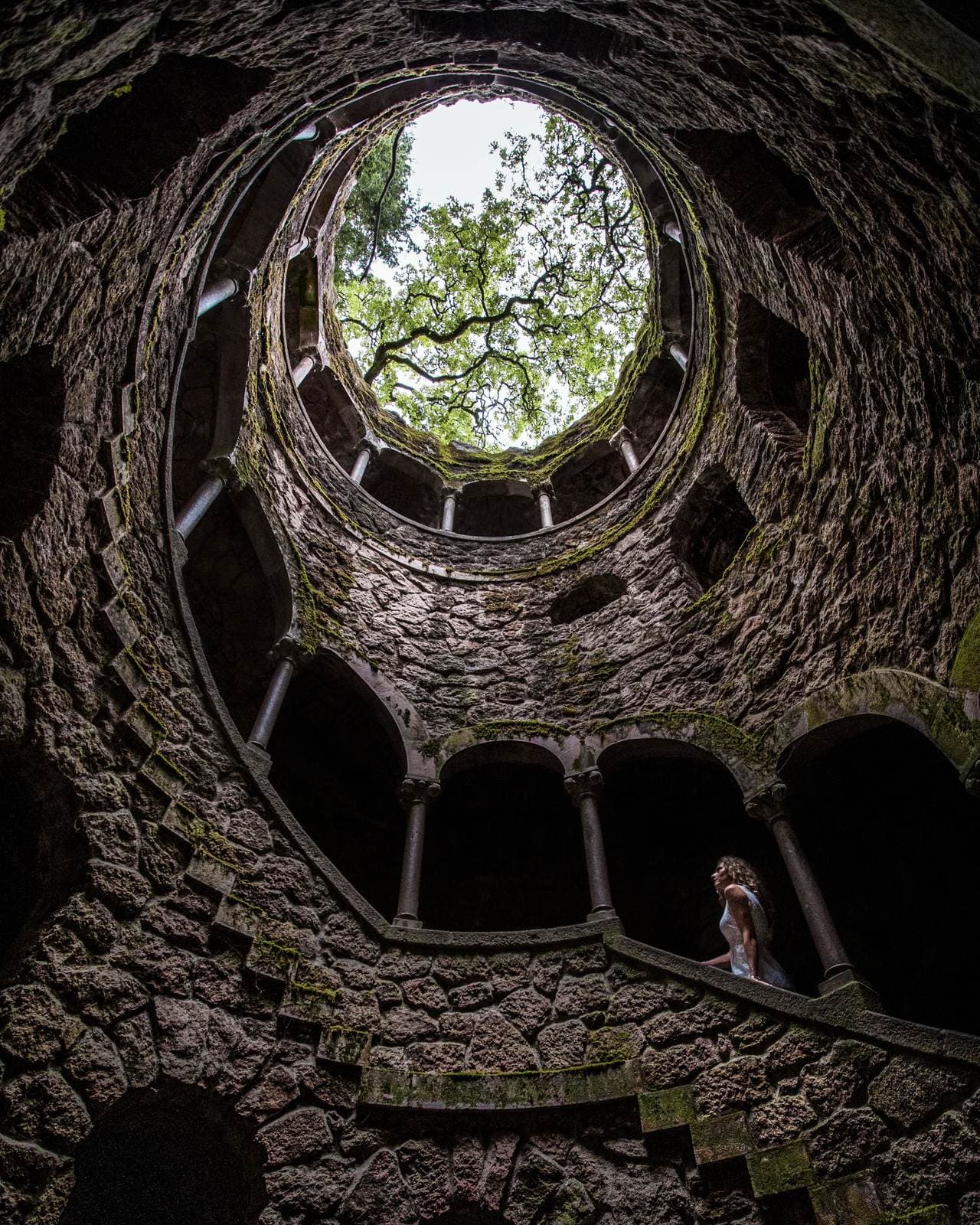 Looking up the spiral Initiation Well at Quinta da Regaleira